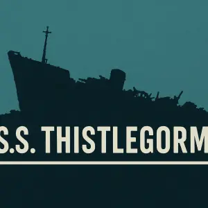 Nápis S.S. THISTLEGORM, podtržený se siluetou vraku Thistlegorm