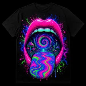 Party tricko Otevrena pusa neonova v ni trip psychedelic neon ruzova modra zelena