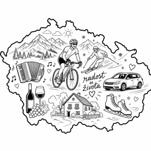 Vytvoř obrys mapy české republiky. Uvnitř cyklista, hory sníh lyžování harmonika víno dům auto brusle, radost ze života