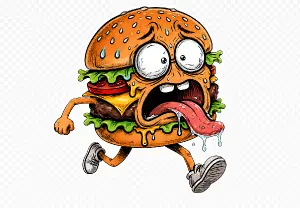 Chci aby chci aby ten hamburger byl oříznutý jako samolepka aby to bylo jako logo na mikině bez hran bez pozadí a podobně čistá nálepka ale ty ruce tam měli zůstat jenom dát pryč pozadí