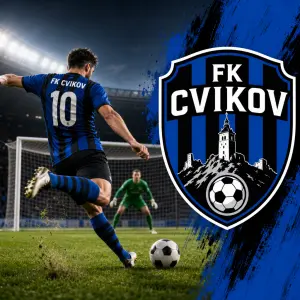 fotbalista střílící míč na branku a logo FK Cvikov