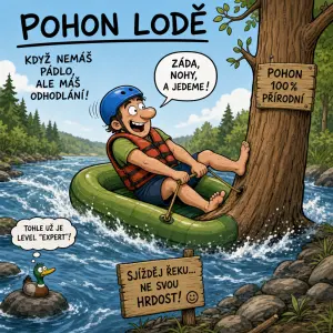 Pohon lodě a k tomu vtipný obrázek na sjíždění řeky