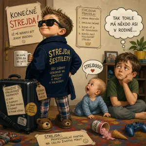 Humorný obrázek malého šestiletého strejdy, kterého nebavilo být jenom bráchou