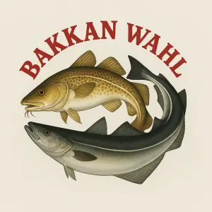 Treska obecná a treska polak stočené do kruhu. Nad treskami do oblouku vyveden nápis v červené barvě Bakkan Wahl.
