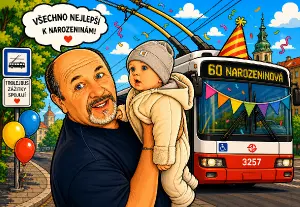 udělat karikaturu, přidat trolejbus s číslem 60 Narozeninová