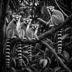 Černo bílý obrázek lemurů sedících na větvích v džungli