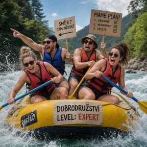 Vytvoř mi obrázek čtyř lidí, holky dvě a dva chlapi jedoucí na raftu, ať je to vtipné