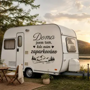 caravan s nápisem Doma jsem tam, kde mám zaparkováno
