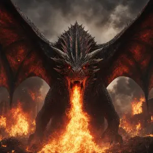 Drogon z games of Thrones rozzuřený s ohnem roztažené kridla a zepredu