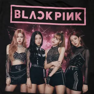 A photorealistic t-shirt design print featuring a dynamic photo of Black Pink music band with logo.