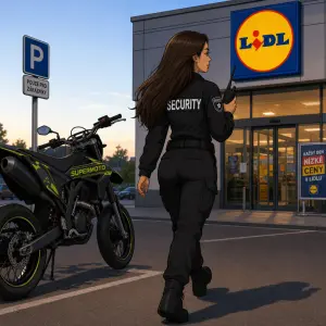 stihla security zena dlouhe tmave hnede vlasy, odchazi pracovat do lidl od supermoto motorky, vysilacku v ruce, kresleny