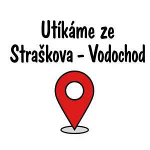 Text "Utíkáme ze Straškova - Vodochod" a pod tím obrázek pinu jako na mapě