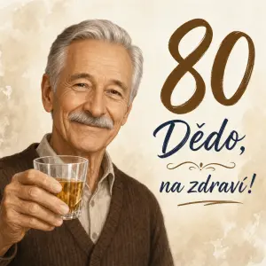 Obrazek dedy s knirem bez bryli,uzsi oblicej,vlasy na patku a napis 80 Dědo,na zdraví!