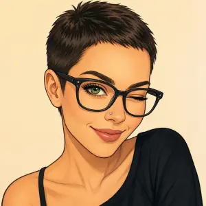 Zena s brylemi a s velmi kratkymi vlasy mrkajici jednim okem jako kreslenx obrazek. Zelene oci a piercing kaminek v nose