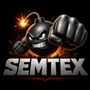 Název SEMTEX a nad ním třaskavina s velkou pěstí