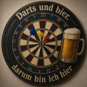 Sipkarsky terc, 3 šipky, modrá, žlutá a červená, půllitr s pivem a nápisem Darts und bier, darum bin ich hier
