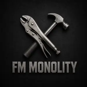 vázací kleště překřížené s kladivem a pod tím nápis FM MONOLITY