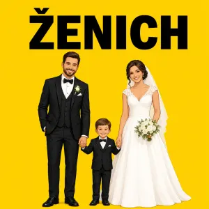 Černý nápis ŽENICH a pod ním obrázek rodiny ve svatebním oblečení (otec, malý kluk a matka) vše na žlutém pozadí.
