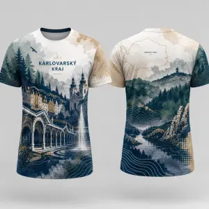 Moderní design karlovarského kraje. Celopotisk tričko.