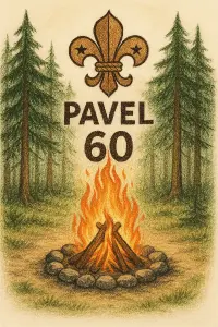 les, táborový oheň, skautský znak, nápis Pavel 60, světlé pozadí.