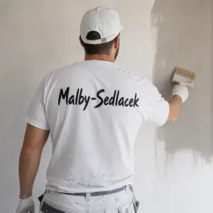 Na zádech napsaný Malby-Sedlacek černým písmem vzor písma Jany to vypadalo napsané štětce