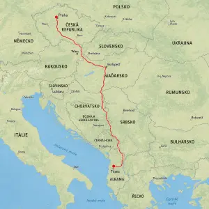 Část mapy a na ni trasa z České republiky do Albanie
