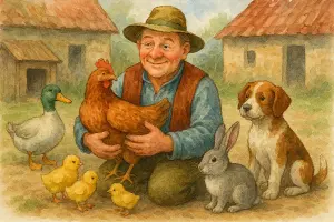 hospodař jenda ze zviřátky slepice kurata kačena Králik pes