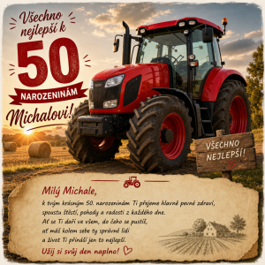 Traktor čase červený a prani k 50 narozeninám Michalovi
