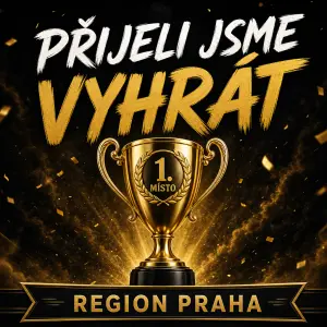 nápis Přijeli jsme vyhrát, pod to pohár s 1. místem, a dole na lem region Praha