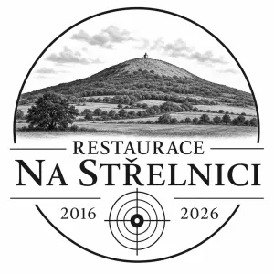 černobílý obrázek hory Říp s nápisem Restaurace Na Střelnici
2016-2026 s logem střelnicového terče