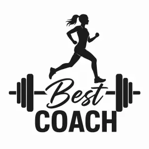Jednoduchý jednobarevný obrázek s činkami a siluetou běžkyně s nápisem Best Coach