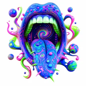 Bily podklad,otevrena pusa ne bila v ni trip psychedelic motiv neon modra,ruzova,zelena, nic obycejnyho,neco jako 3D