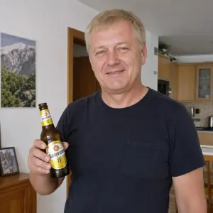 starší švagr Slovák v ruce drží lahvové pivo Zlatopramen, světlé vlasy bez čepice, bez vousů
