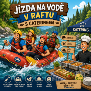 Jízda na vodě v raftu spojena s cateringem v animovaném stylu