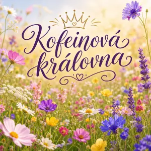 Pozadí jako luční kvítí, jarní, barevné, s pěkně psaným nápisem "Kofeinová královna"