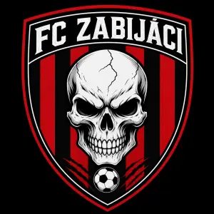 CHTELA BYCH ZNAK FOTBALOVEHO TYMŮ S NÁZVEM FC ZABIJÁCI TAK ABY BY MEL PRUHY CERVENO CERNE ZNAK LEBKY A NAHORE NAPIS