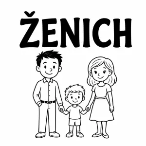 Černý nápis ŽENICH s kreslenou rodinou (otec, matka, malý kluk) pod nápisem.