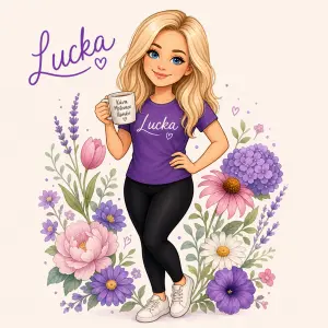 Kolegyně Lucka kreslená postavička s blonďatými vlasy, kolem květiny černé legíny fialové triko modré oči hrnek