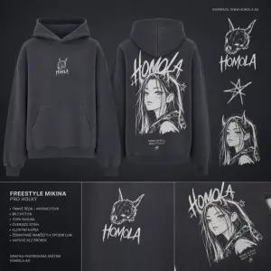 chci vytvořit návrh pro freestyle mikinu s kapucí, tmavě šedou, bílý potisk, s využitím grafiky z www.homola.as pro holk