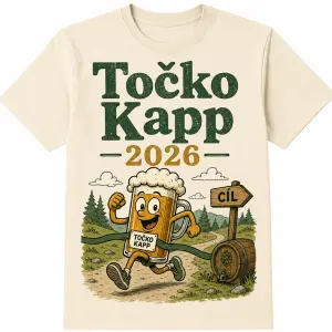 Na přední straně nápis Točko Kapp 2026, pod nápisem vtipný obrázek odkazující na závod Točko kapp, který pořádá pivovíče