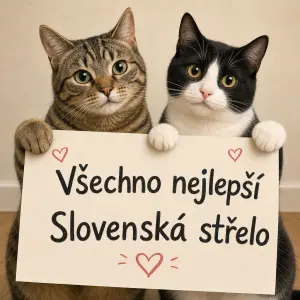 dvě kočky jak drží nápis: Všechno nejlepší Slovenská střelo