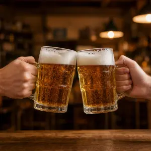 dvě ruce, každá drží sklenici s pivem a ťukají si