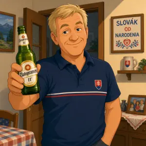 animovaný starší švagr Slovák v ruce drží lahvové pivo Zlatopramen, světlé vlasy bez čepice, bez vousů