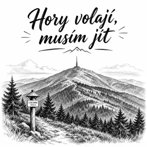 Nápis: Hory volají, musím jít
obrázek Lysé hory s Beskydami kreslený černobílý