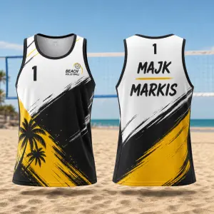tricko jako dres na beach volejbal, se jmeny Majk a Markis.