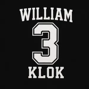 Udělej mi napis na mikinu jako na dres - hokejové číslo 3 a nad nim jméno William a pod nim příjmení Klok
