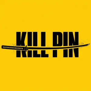 Vytvoř návrh ve stylu loga kill bill, fráze přeseknutá katanou, obě slova vedle sebe, text bude kill pin, misto i katana