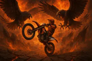 enduro moto jede po zadním kole, z obou stran přilétají dva obří dravci s křídly nastražený drápy, hoří nebe praská půda