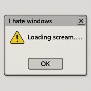 windows dialogové okno s textem "I hate windows" v druhém řádku test "Loading scream......."