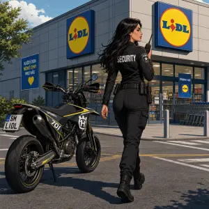 hubena tmavovlasa security zena u sve supermoto motorky s vysilackou pred LIDL odchazi do prace, kresleny obraz na sirku
